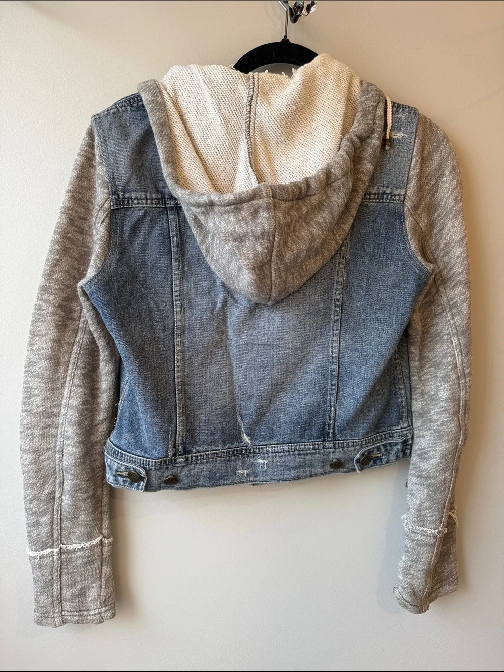 Free People Blue Denim Jacket with Gray Knit Sleeves & Hooded Pullover cotton S